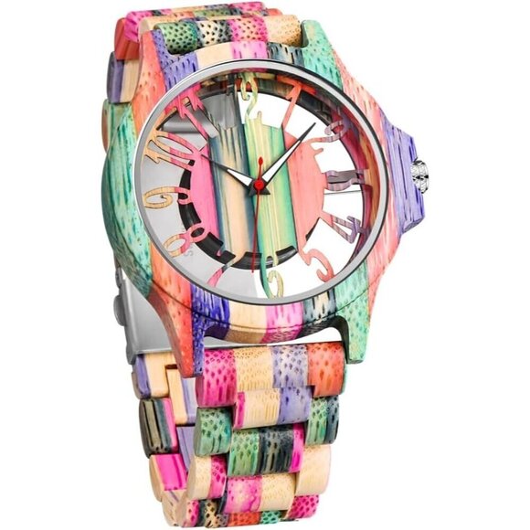✨ Dentily Analog Quartz Men Pink Wooden Handmade Colorful Bamboo Engraved Watch - Picture 1 of 6
